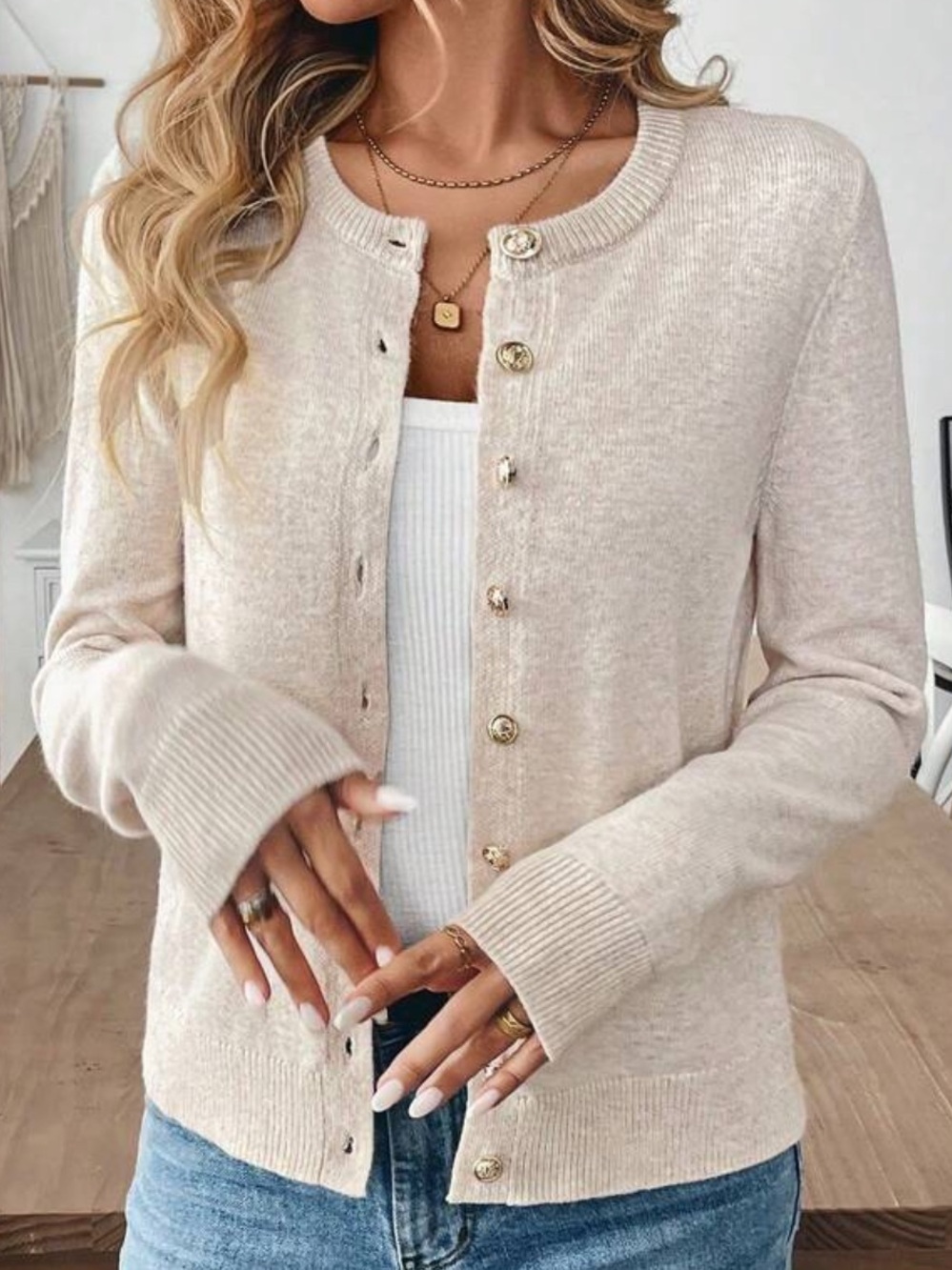 Cream Gold Button-Front Sweater Cardigan